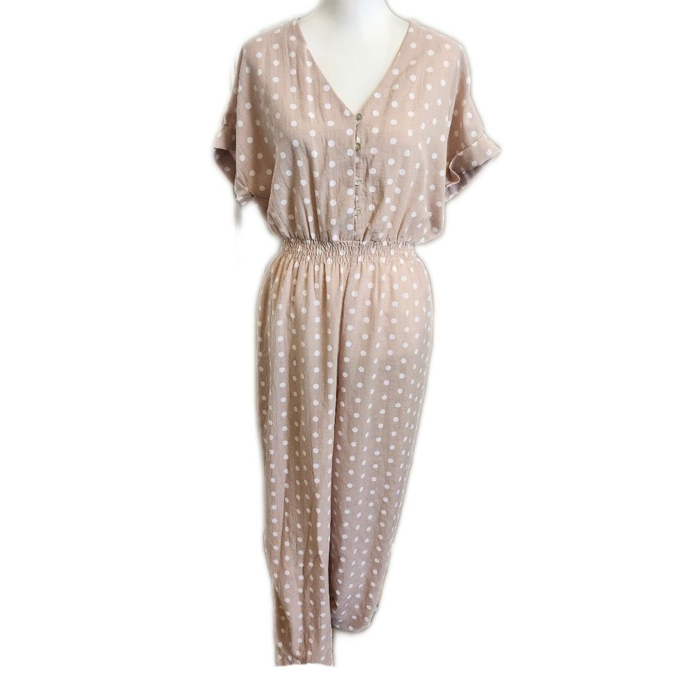 Everly taupe jumpsuit with white polka dots, elastic waistband, v-neck, L